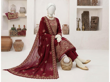 Al Boutique Centre | Panna | Unstitched Heavy Embroidered 3Pc Fancy Marina Dhanak With Shawl | Volume 04 - Maroon image 3