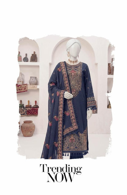 Al Boutique Centre | Panna | Unstitched Heavy Embroidered 3Pc Fancy Marina Dhanak With Shawl | Volume 04 - Navy Blue image 1