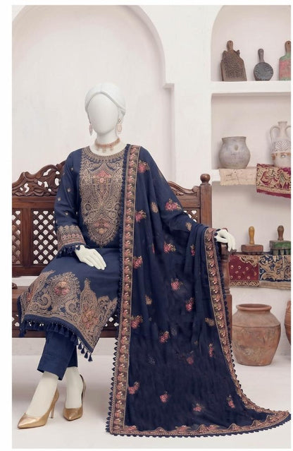 Al Boutique Centre | Panna | Unstitched Heavy Embroidered 3Pc Fancy Marina Dhanak With Shawl | Volume 04 - Navy Blue image 2