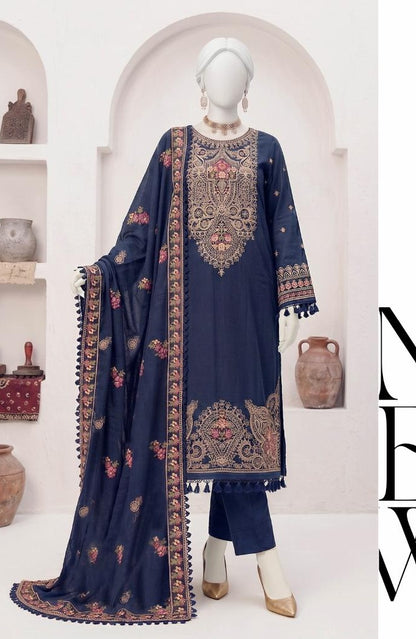 Al Boutique Centre | Panna | Unstitched Heavy Embroidered 3Pc Fancy Marina Dhanak With Shawl | Volume 04 - Navy Blue image 3