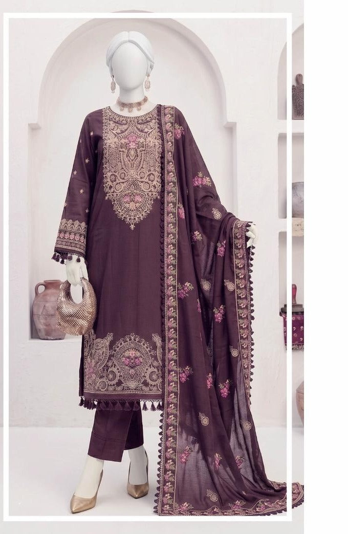 Al Boutique Centre | Panna | Unstitched Heavy Embroidered 3Pc Fancy Marina Dhanak With Shawl | Volume 04 - Plum image 1