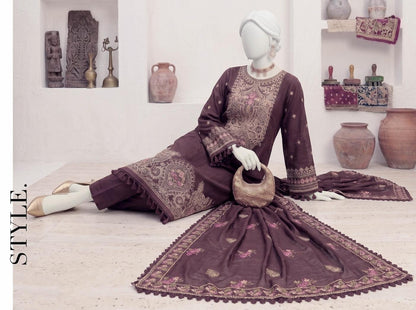 Al Boutique Centre | Panna | Unstitched Heavy Embroidered 3Pc Fancy Marina Dhanak With Shawl | Volume 04 - Plum image 3
