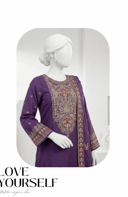Al Boutique Centre | Panna | Unstitched Heavy Embroidered 3Pc Fancy Marina Dhanak With Shawl | Volume 04 - Purple image 1