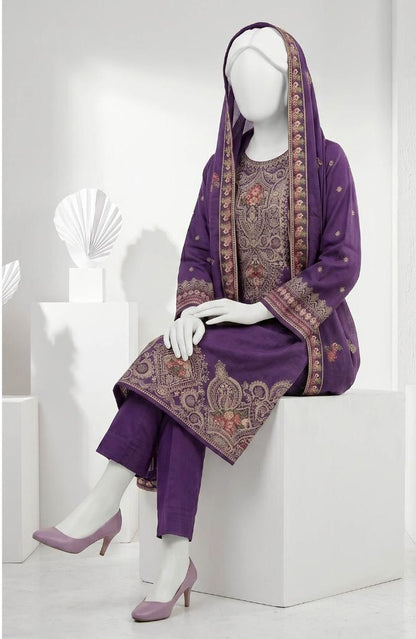 Al Boutique Centre | Panna | Unstitched Heavy Embroidered 3Pc Fancy Marina Dhanak With Shawl | Volume 04 - Purple image 2
