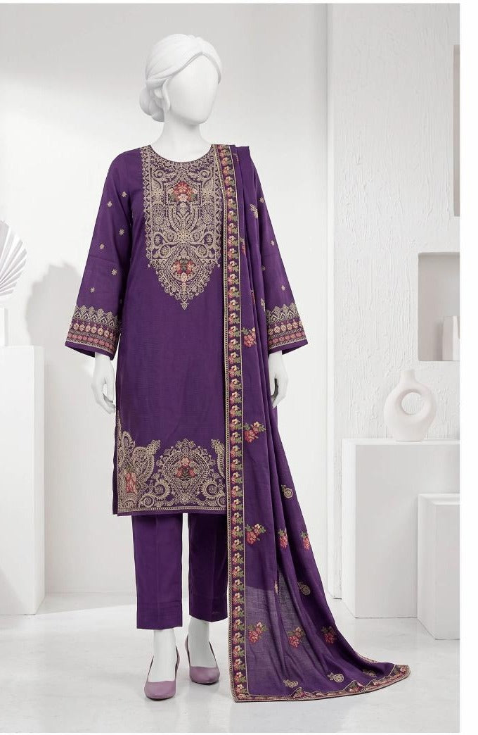 Al Boutique Centre | Panna | Unstitched Heavy Embroidered 3Pc Fancy Marina Dhanak With Shawl | Volume 04 - Purple image 3