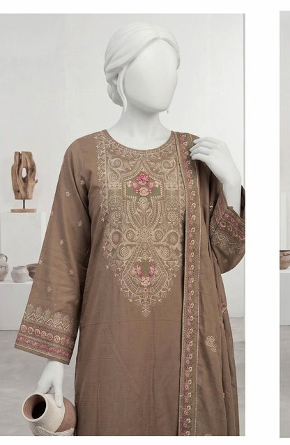 Al Boutique Centre | Panna | Unstitched Heavy Embroidered 3Pc Fancy Marina Dhanak With Shawl | Volume 04 - Taupe image 1