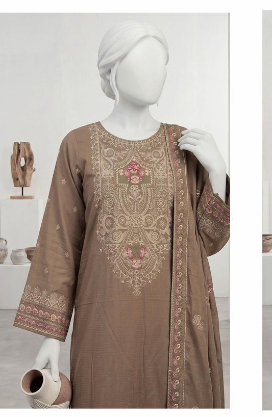 Al Boutique Centre | Panna | Unstitched Heavy Embroidered 3Pc Fancy Marina Dhanak With Shawl | Volume 04 - Taupe image 1