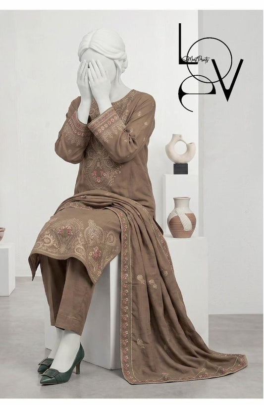Al Boutique Centre | Panna | Unstitched Heavy Embroidered 3Pc Fancy Marina Dhanak With Shawl | Volume 04 - Taupe image 2