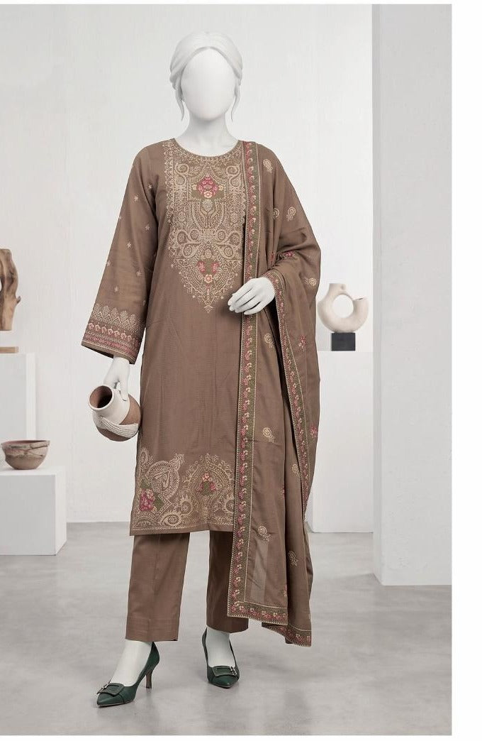 Al Boutique Centre | Panna | Unstitched Heavy Embroidered 3Pc Fancy Marina Dhanak With Shawl | Volume 04 - Taupe image 3