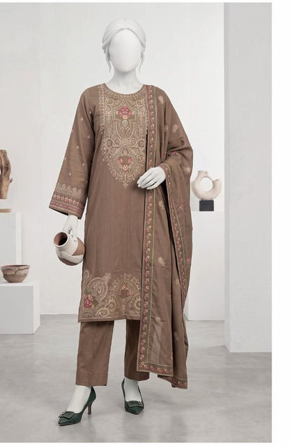 Al Boutique Centre | Panna | Unstitched Heavy Embroidered 3Pc Fancy Marina Dhanak With Shawl | Volume 04 - Taupe image 3