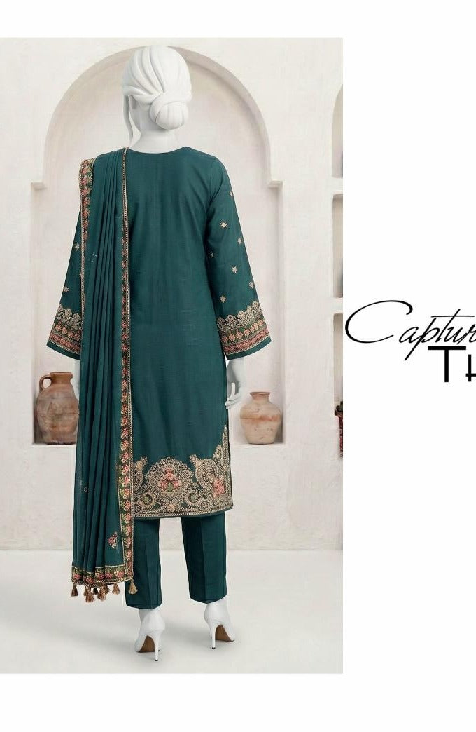 Al Boutique Centre | Panna | Unstitched Heavy Embroidered 3Pc Fancy Marina Dhanak With Shawl | Volume 04 - Teal Green image 1