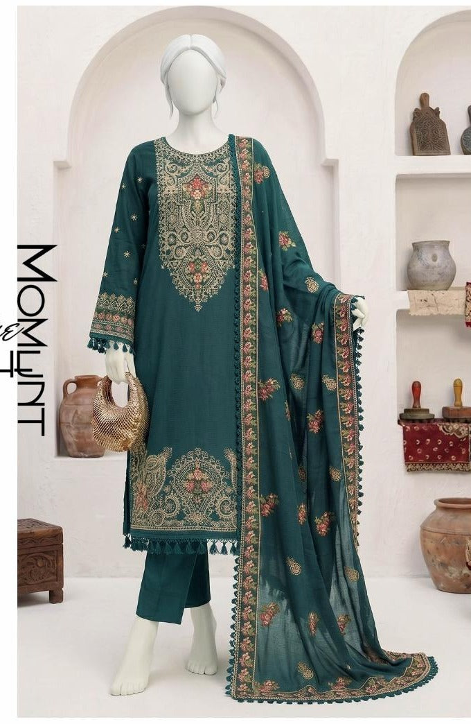Al Boutique Centre | Panna | Unstitched Heavy Embroidered 3Pc Fancy Marina Dhanak With Shawl | Volume 04 - Teal Green image 2
