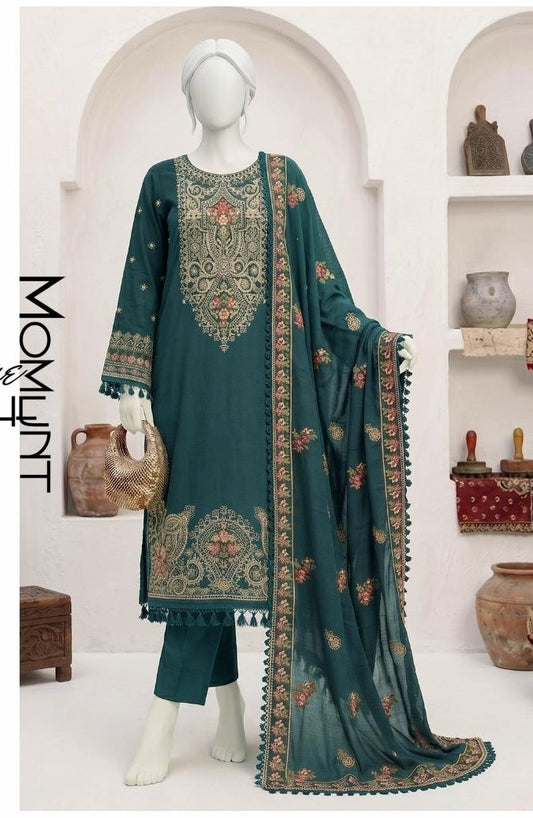 Al Boutique Centre | Panna | Unstitched Heavy Embroidered 3Pc Fancy Marina Dhanak With Shawl | Volume 04 - Teal Green image 2