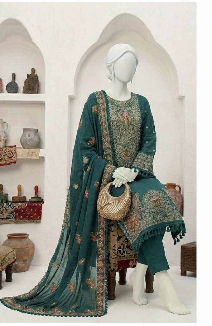 Al Boutique Centre | Panna | Unstitched Heavy Embroidered 3Pc Fancy Marina Dhanak With Shawl | Volume 04 - Teal Green image 3