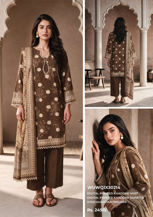 Zellbury unstitched 3-piece digital printed Khaddar suit in Chocolate Brown, design WUWQ1X30214