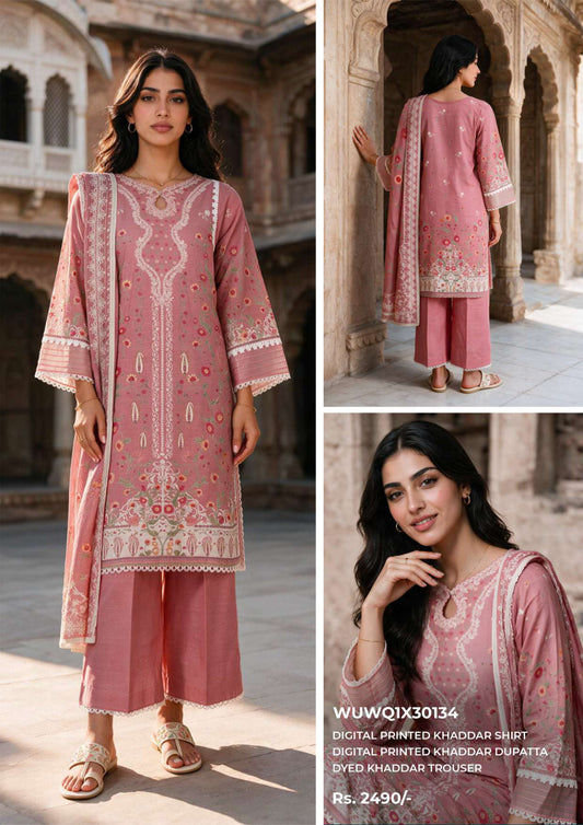 Zellbury unstitched 3-piece digital printed Khaddar suit in Dusty Pink, design WUWQ1X30134