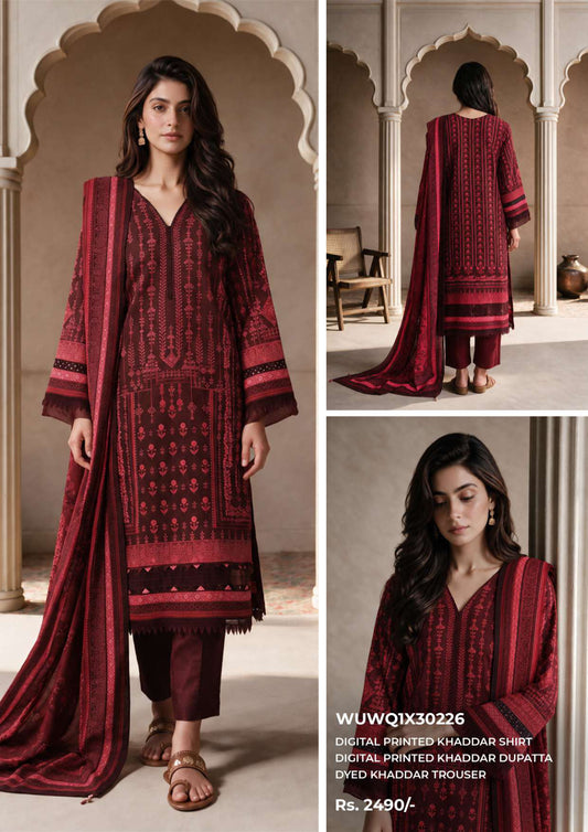 Zellbury unstitched 3-piece digital printed Khaddar suit in Maroon, design WUWQ1X30226