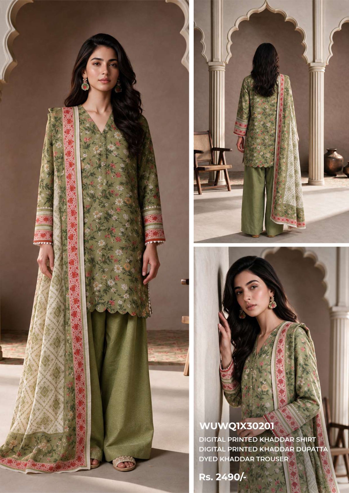 Zellbury unstitched 3-piece digital printed Khaddar suit in Olive Green, design WUWQ1X30201