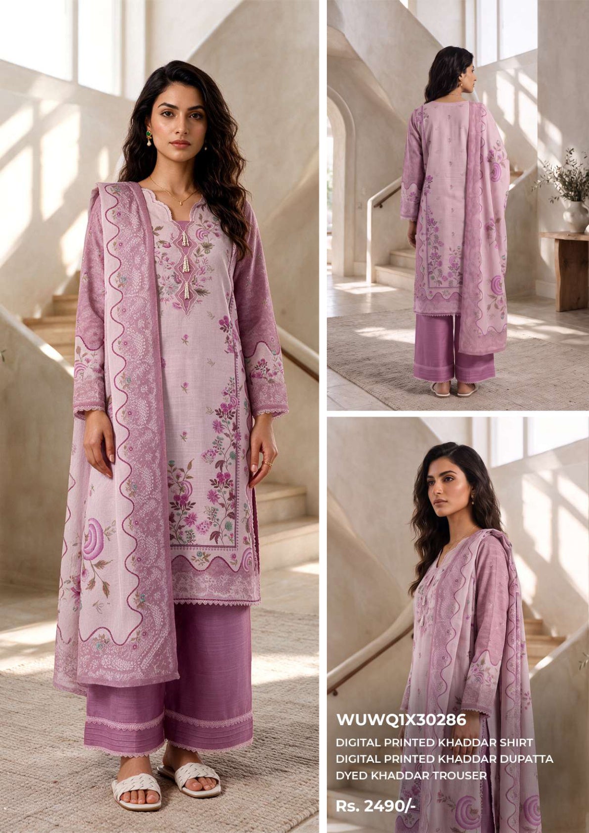 Zellbury unstitched 3-piece digital printed Khaddar suit in Mauve Pink, design WUWQ1X30286