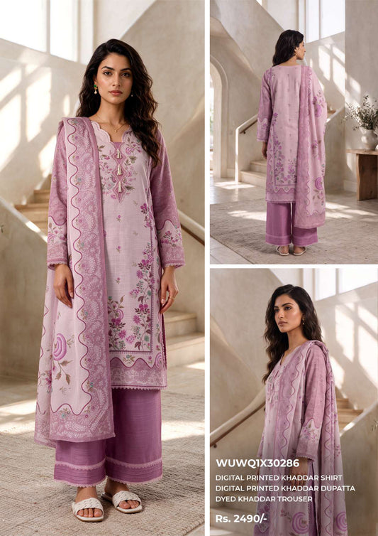 Zellbury unstitched 3-piece digital printed Khaddar suit in Mauve Pink, design WUWQ1X30286