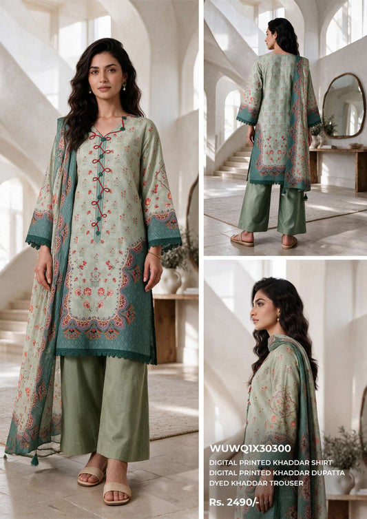 Zellbury unstitched 3-piece digital printed Khaddar suit in Sage Green, design WUWQ1X30300