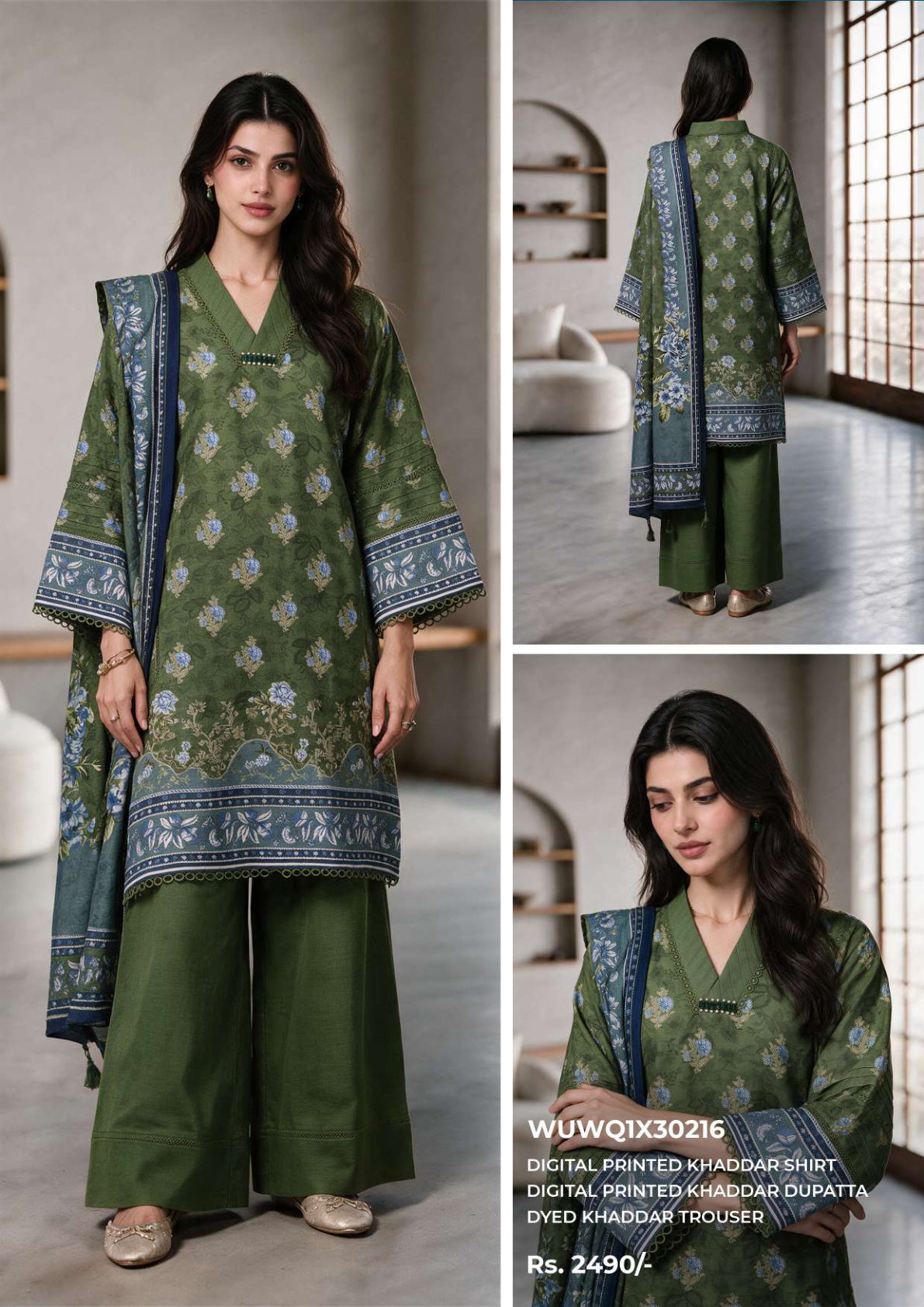 Zellbury unstitched 3-piece digital printed Khaddar suit in Dark Green, design WUWQ1X30216