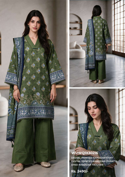 Zellbury unstitched 3-piece digital printed Khaddar suit in Dark Green, design WUWQ1X30216