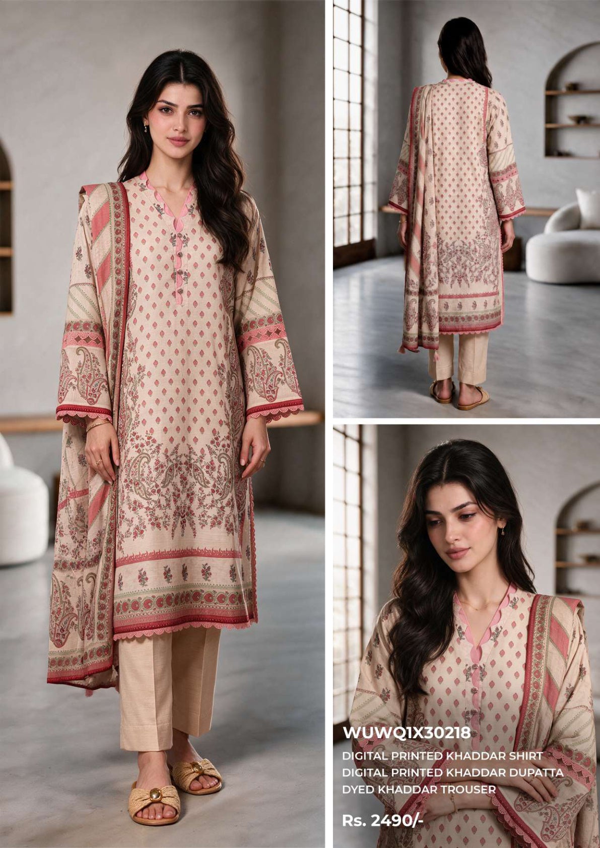 Zellbury unstitched 3-piece digital printed Khaddar suit in Beige Pink, design WUWQ1X30218
