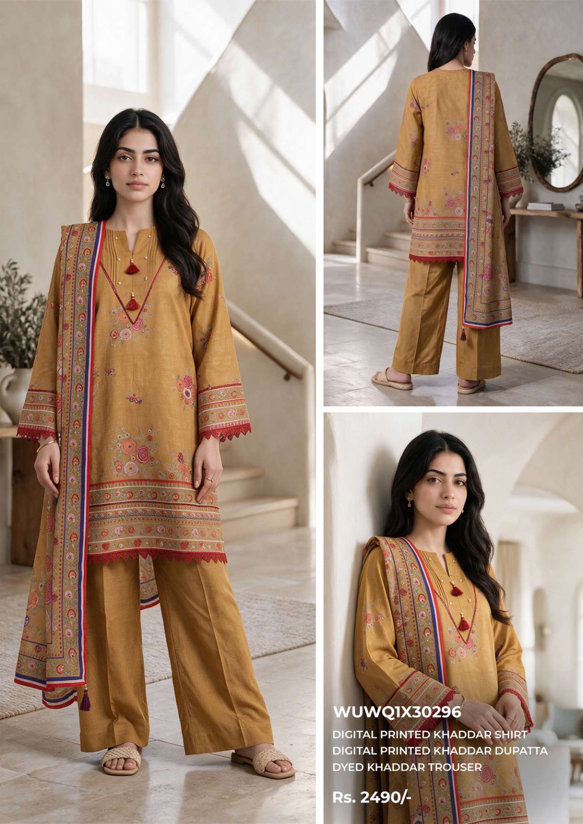 Zellbury unstitched 3-piece digital printed Khaddar suit in Mustard, design WUWQ1X30296
