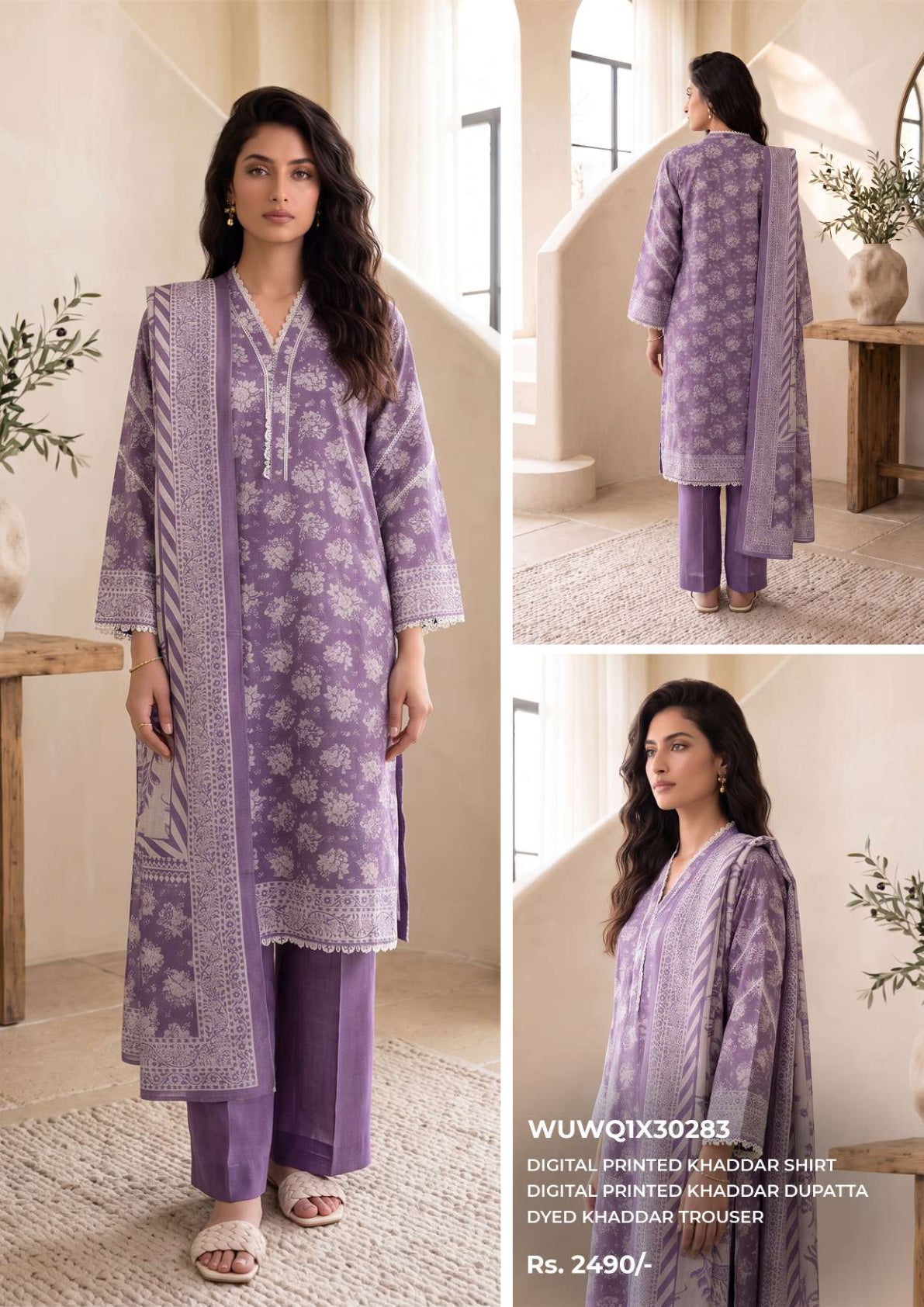 Zellbury unstitched 3-piece digital printed Khaddar suit in Lavender, design WUWQ1X30283