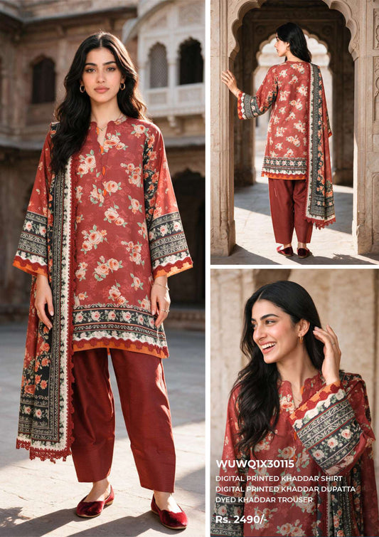 Zellbury unstitched 3-piece digital printed Khaddar suit in Rust Red, design code WUWQ1X30115