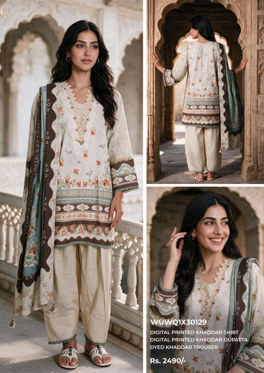 Zellbury unstitched 3-piece digital printed Khaddar suit in Ivory, design code WUWQ1X30129