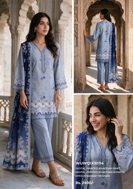 Zellbury unstitched 3-piece digital printed Khaddar suit in Light Blue, design code WUWQ1X30114