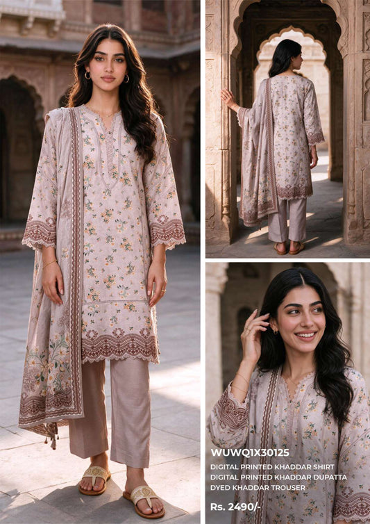 Zellbury unstitched 3-piece digital printed Khaddar suit in Beige Taupe, design code WUWQ1X30125