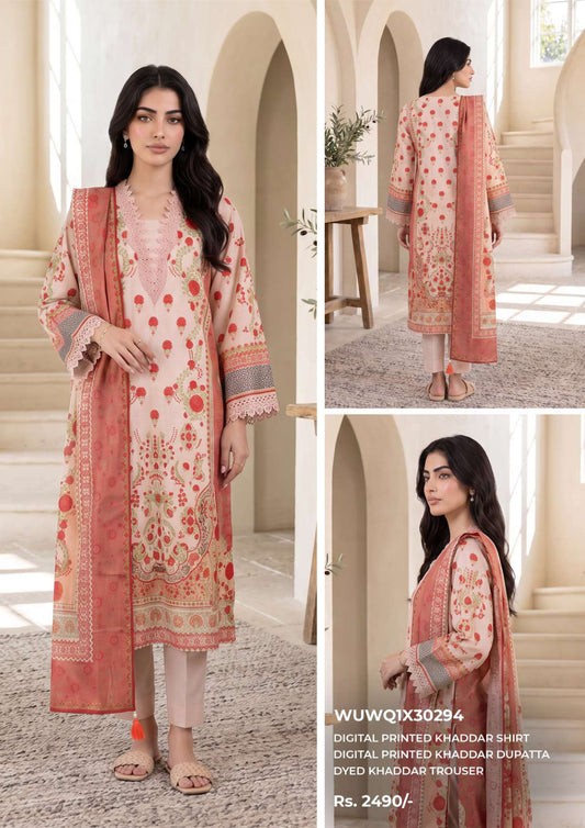 Zellbury unstitched 3-piece digital printed Khaddar suit in Coral Peach, design code WUWQ1X30294