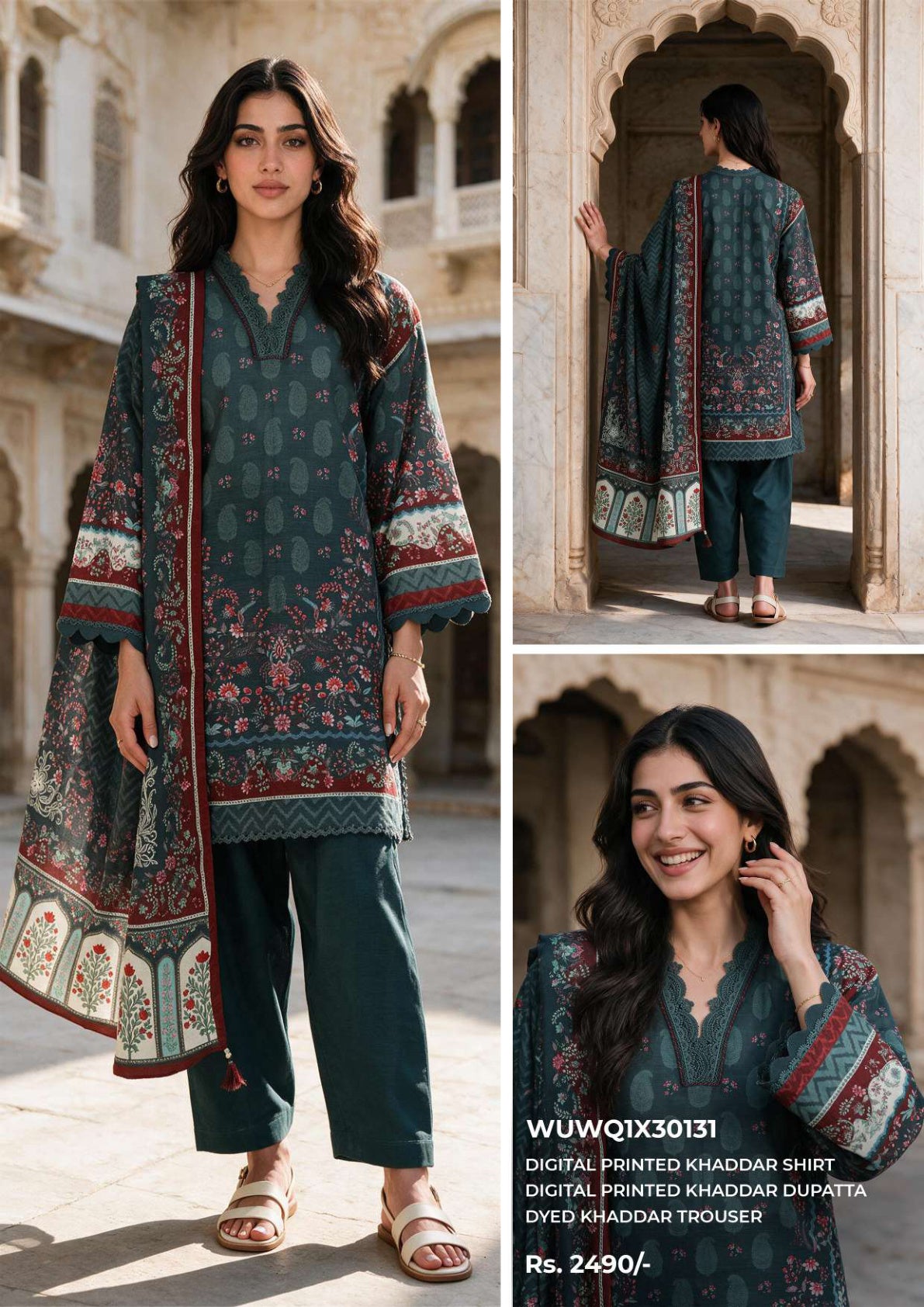 Zellbury unstitched 3-piece digital printed Khaddar suit in Deep Teal, design code WUWQ1X30131