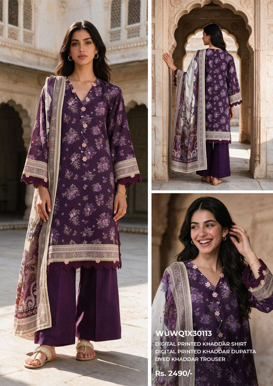 Zellbury unstitched 3-piece digital printed Khaddar suit in Purple, design code WUWQ1X30113