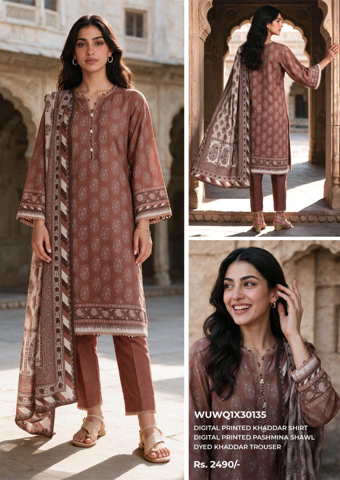 Zellbury unstitched 3-piece digital printed Khaddar suit in Dusty Rose, design code WUWQ1X30135