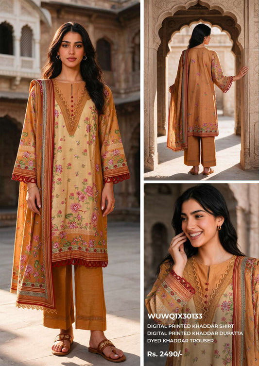 Zellbury unstitched 3-piece digital printed Khaddar suit in Mustard, design code WUWQ1X30133