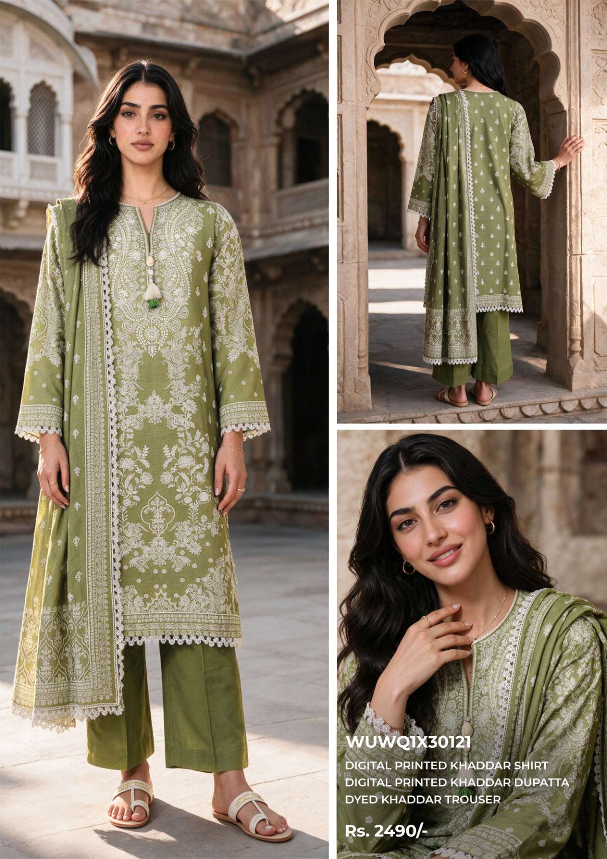 Zellbury unstitched 3-piece digital printed Khaddar suit in Sage Green, design code WUWQ1X30121