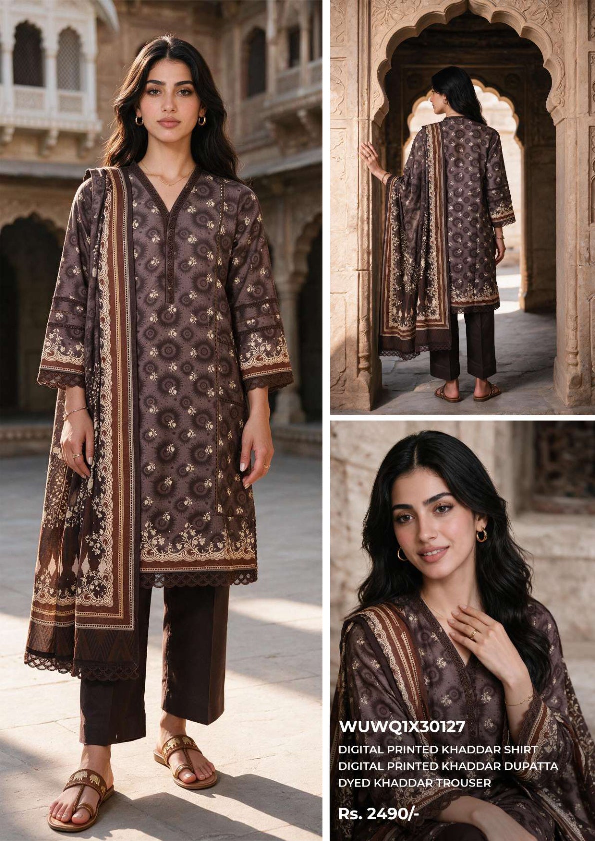 Zellbury unstitched 3-piece digital printed Khaddar suit in Dark Brown, design code WUWQ1X30127