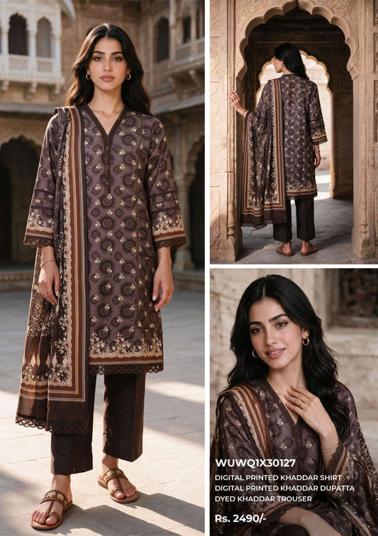 Zellbury unstitched 3-piece digital printed Khaddar suit in Dark Brown, design code WUWQ1X30127