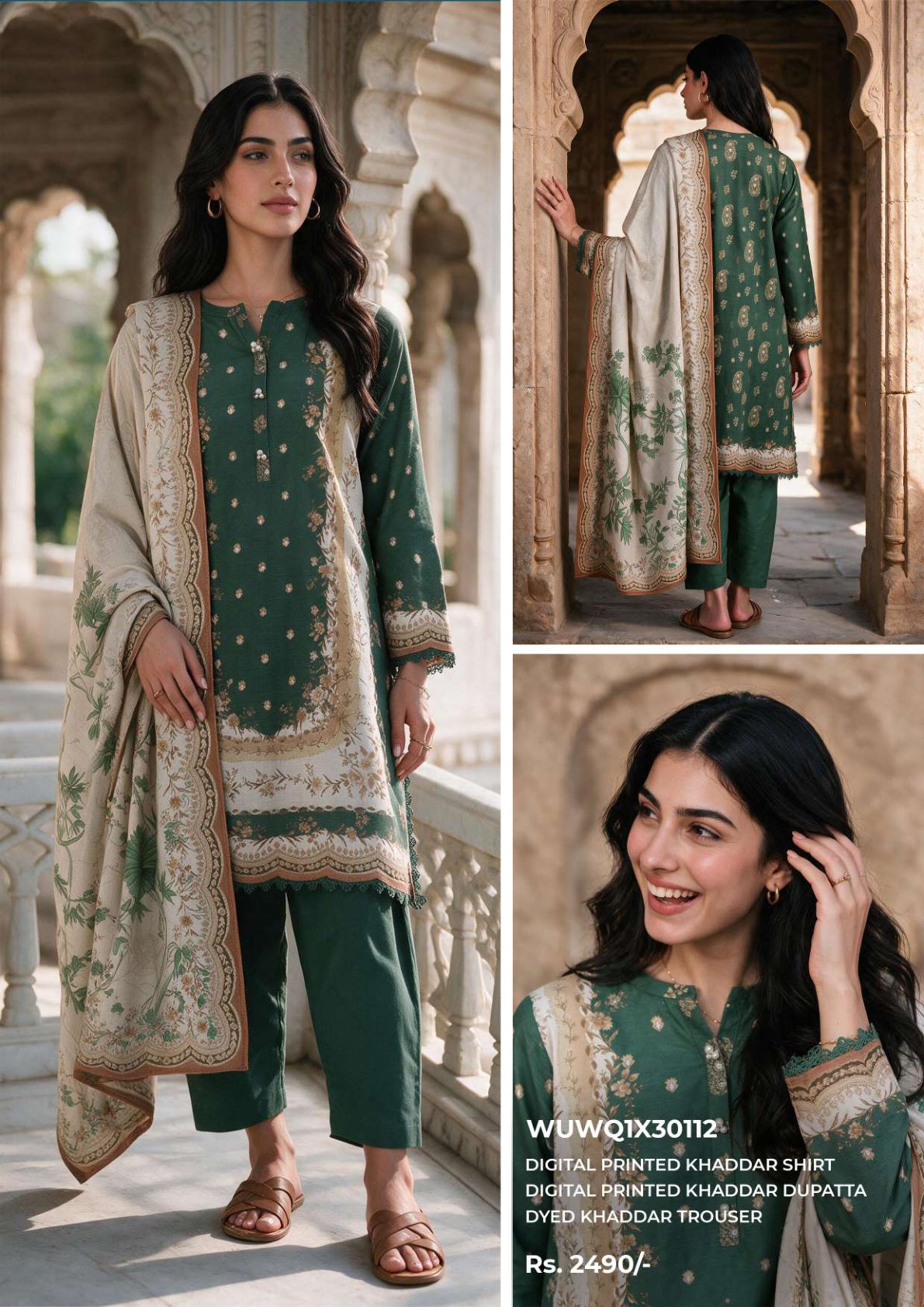 Zellbury unstitched 3-piece digital printed Khaddar suit in Forest Green, design code WUWQ1X30112