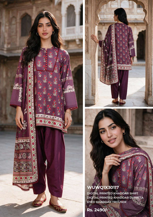 Zellbury unstitched 3-piece digital printed Khaddar suit in Plum, design code WUWQ1X30117