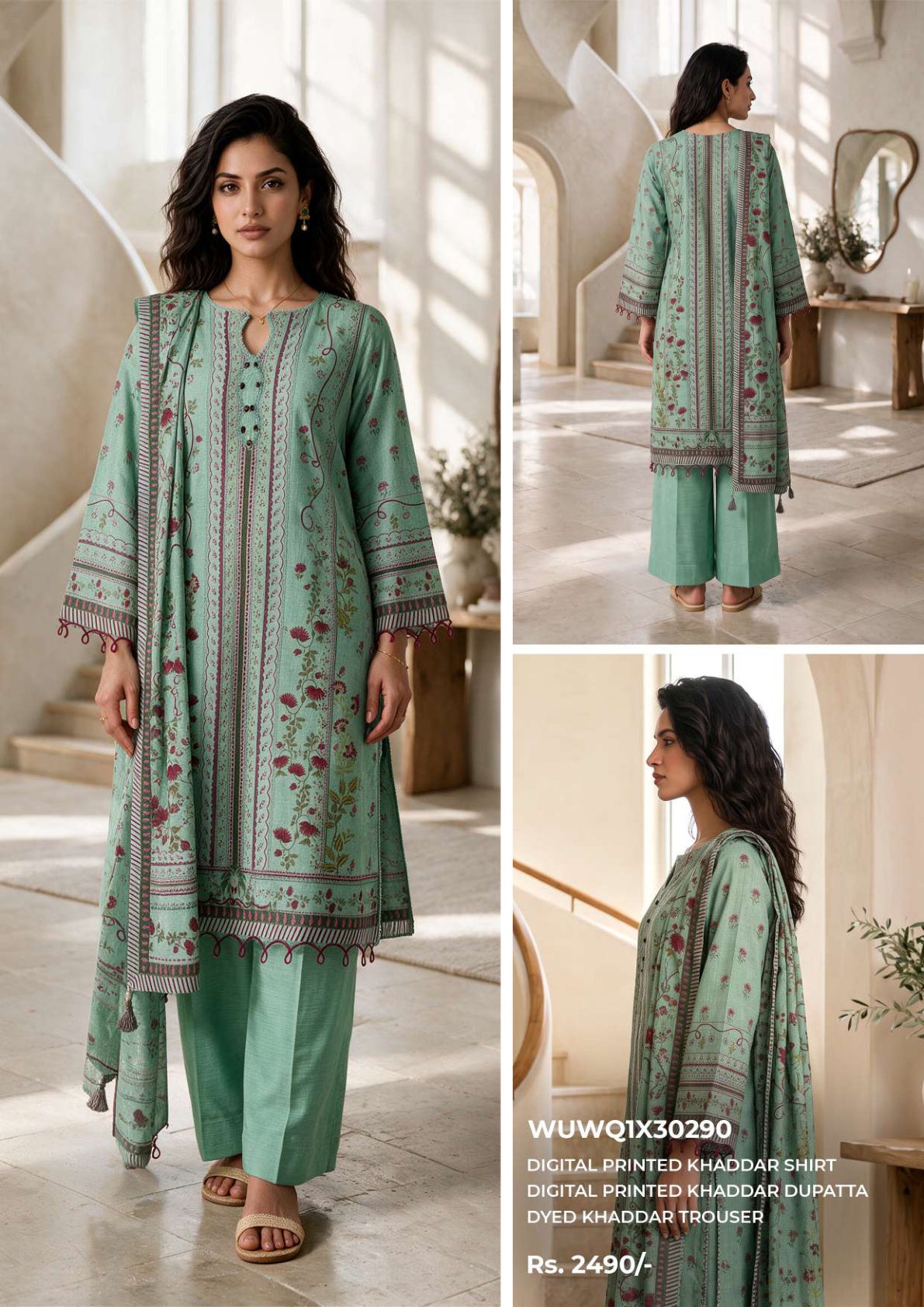 Zellbury unstitched 3-piece digital printed Khaddar suit in mint green, design WUWQ1X30290