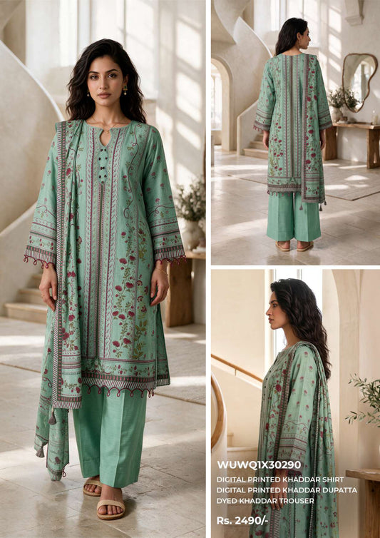 Zellbury unstitched 3-piece digital printed Khaddar suit in mint green, design WUWQ1X30290