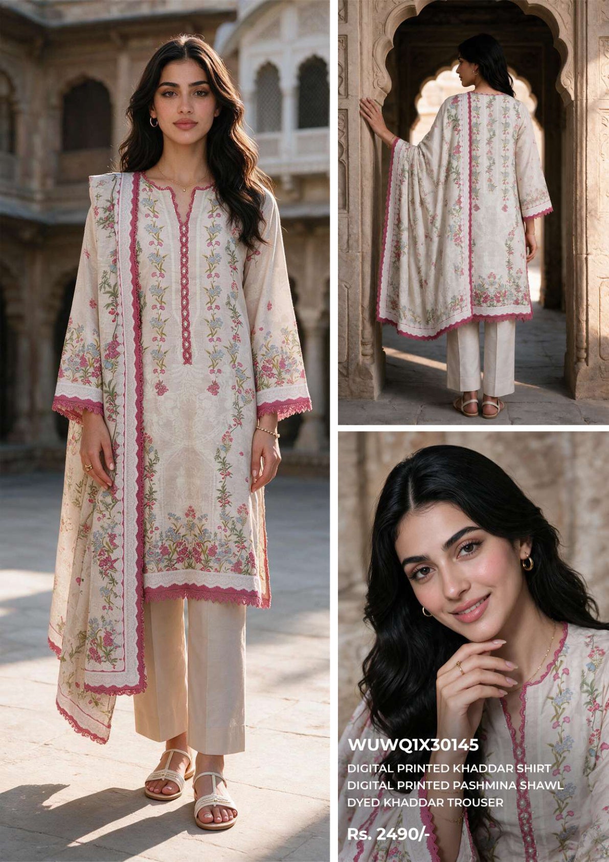 Zellbury unstitched 3-piece digital printed Khaddar shirt with Pashmina shawl and dyed Khaddar trouser, ivory pink floral, design WUWQ1X30145